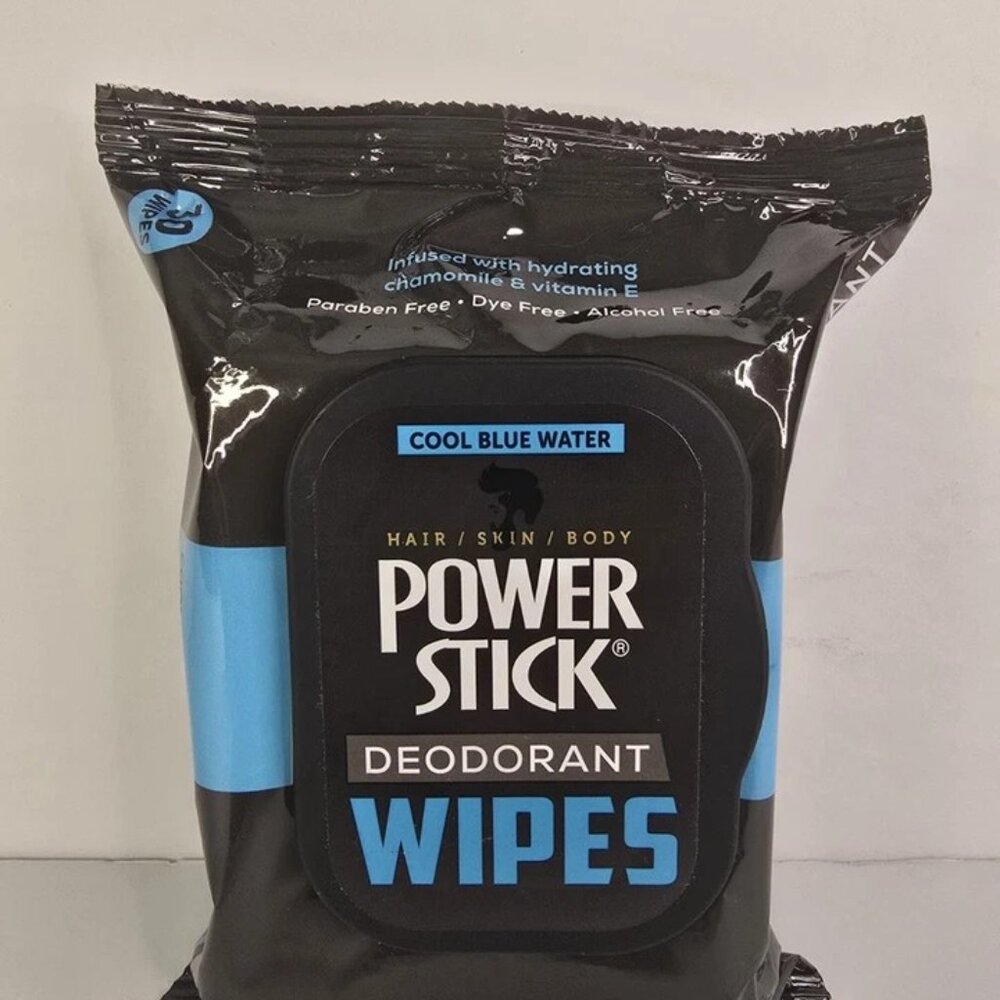 Power Stick Deodorant Wipes, Cool Blue Water Hair & Body Gym/Travel/Home